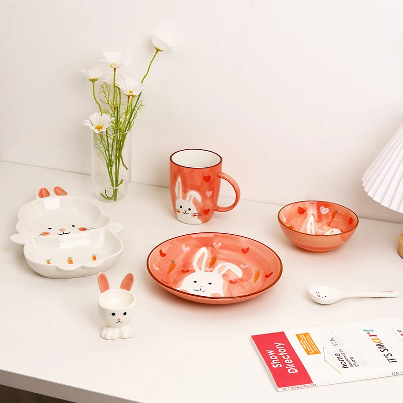 Rabbit Creative Kids Cute Animal Print Dinnerware Children Ceramic Porcelain Dinner Bowl Divided Plate and Spoon Sets supplier
