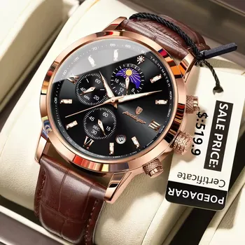 POEDAGAR Luxury Men's Sports Watch Waterproof Luminous Date Chronograph Leather Strap 43mm Oval Quartz Men's Wristwatch
