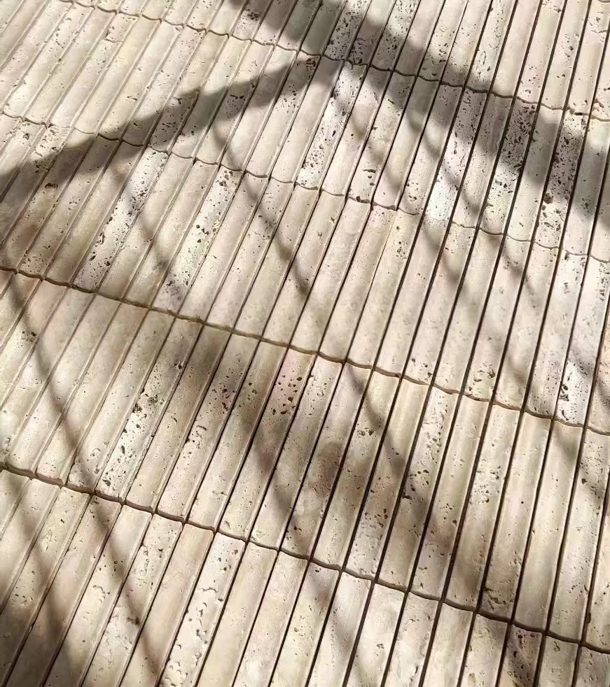 Natural Fluted Stone Finger Strip Matte 3d Curve Concave Travertine Stone Mosaic Back Net Wall Tile for  Kitchen Bathroom Bar
