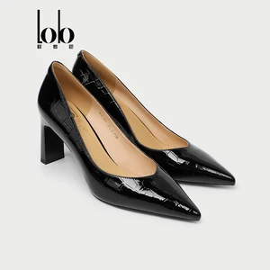 Ladies' High Quality Pointed Toe Cap Square Heel Formal Sexy Slip-On Genuine Leather Shoes Black Breathable Fashion Trend Spring