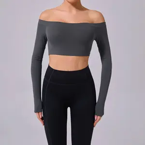 Women Long Sleeve Off Shoulder Running Sports Gym Seamless Fitness Workout Yoga Crop Tops
