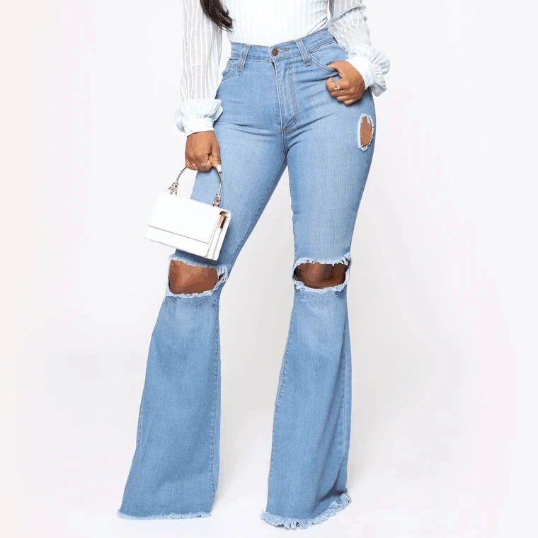 Hot Sell Hole Ripped Denim Flare Pants 