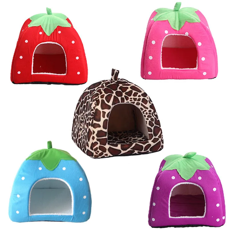 Pet Dog Cat Bed House Kennel Soft Strawberry Doggy Warm Cotton Nesting Bed S M L 