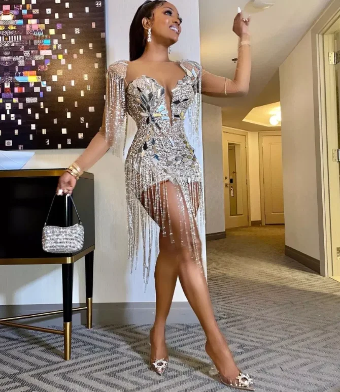 Ocstrade Lady 2024 Elegant Luxury Sequin Tassel Long Sleeve Patchwork  Rhinestone Party Mini Glitter Women Club Dresses