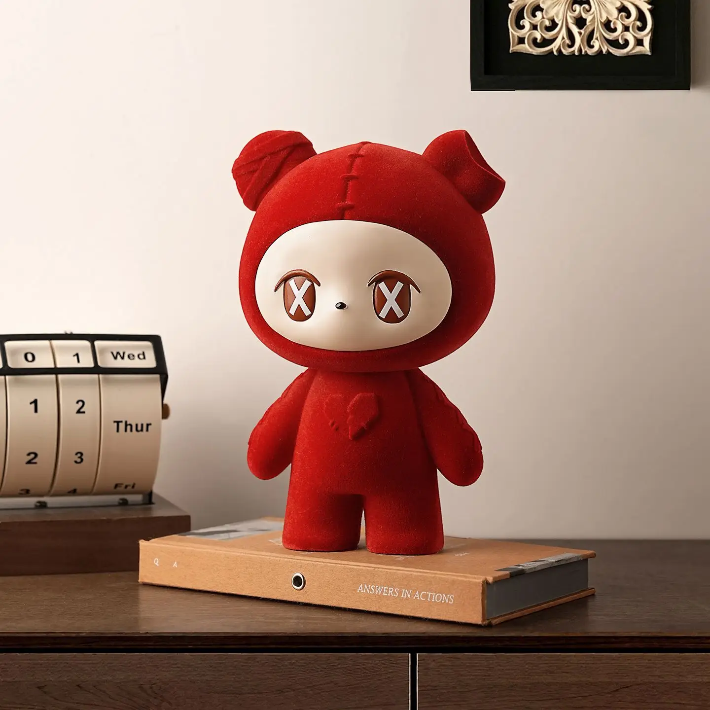 Two Cute Flocked Bear Figurines Red and Pink Tones Kawaii Style Modern Home Decor Living Room Desk Collectible Ornament Set