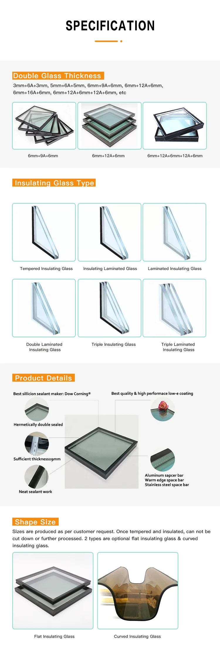 High Performance Lowe Coating Curved Tempered Glass Double Glazing