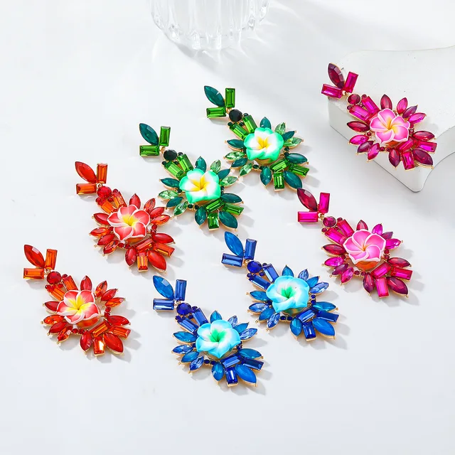 2024 Alloy New Flower Colored Water Diamond Pendant Luxury Banquet Fashion Cross border wholesale Stud Earrings for Women