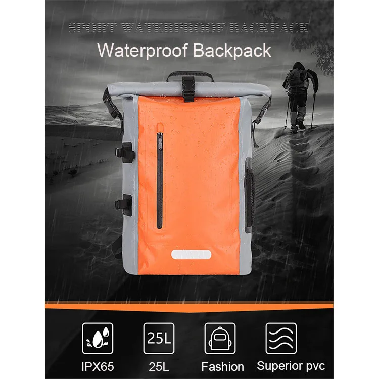 OEM custom printed logo outdoor waterproof backpack 25L with 500D pvc tarpaulin  dry bag waterproof  camping  bag