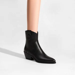 Women's Black Faux Leather Cowboy Boots Low Block Heel Zipper Closure Comfortable Pointed Toe Western Style for Autumn/Winter