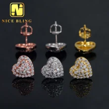 Fine Hip Hop Jewelry Ear Studs Heart Shape Ice Out Moissanite Diamond 925 Sterling Silver Stud Earring  For Women