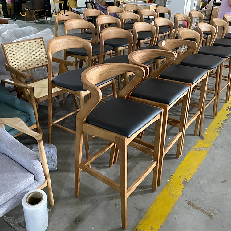 Mid Century Leather Bar Stool Solid Wood High Chair Wooden Kitchen Counter Stool Commercial Bar Stools for Bar and Restaurant
