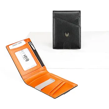 Two-fold RFID Anti-theft Blocking Wallet Card  Holder Genuine Leather with Y-shaped Front Pocket for Men and Women