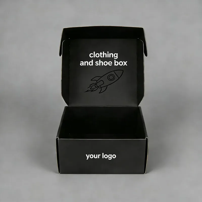 人気販売中・黒色ラミネート加工衣類・靴用段ボールボックス（UVコーティング仕様）：カスタマイズ可能・リサイクル可能な下着用パッケージボックス・メール配送ボックス