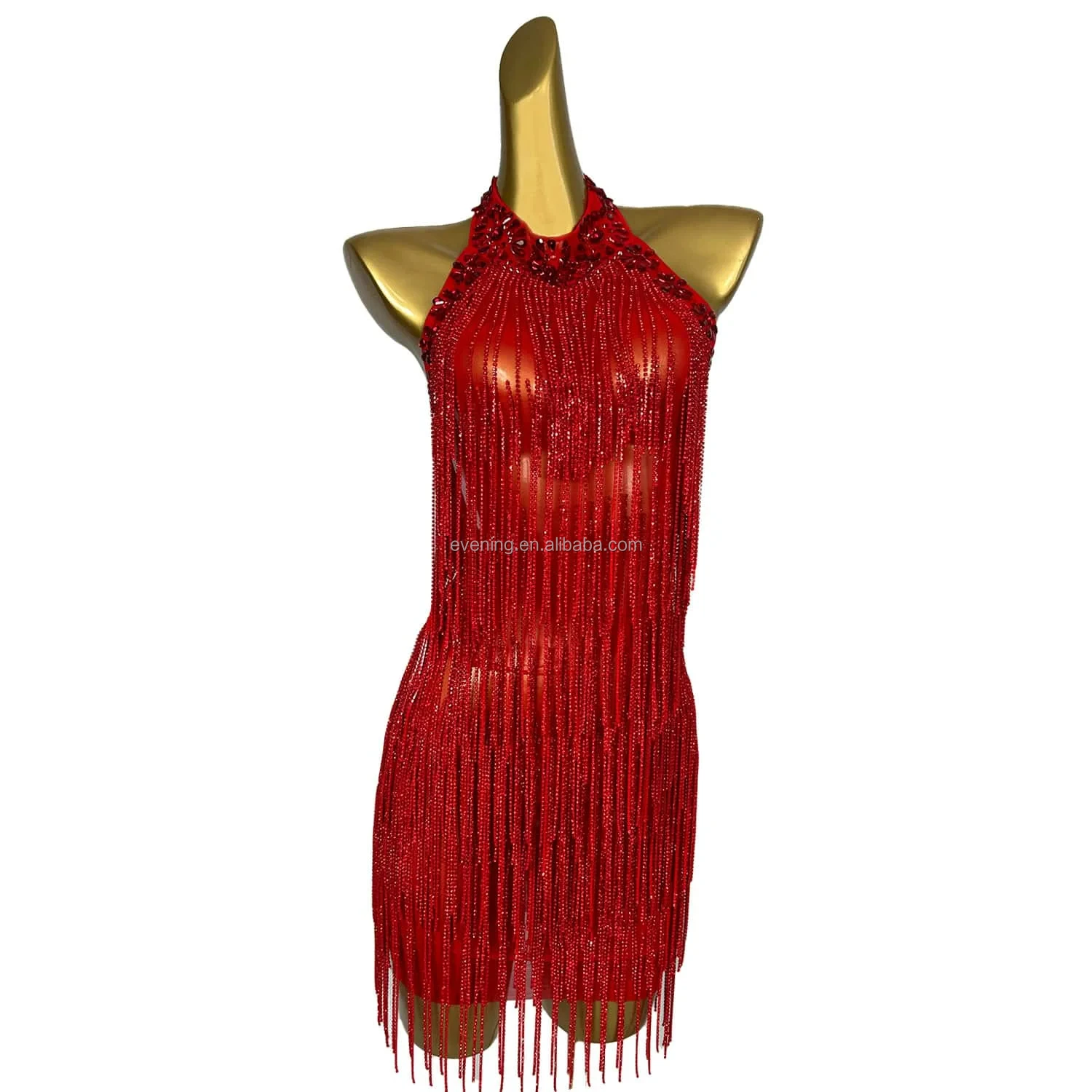 amazon clubbing dresses Sexy Mesh See through Rhinestone Tassel Latin Dance Party Dress Summer dresses