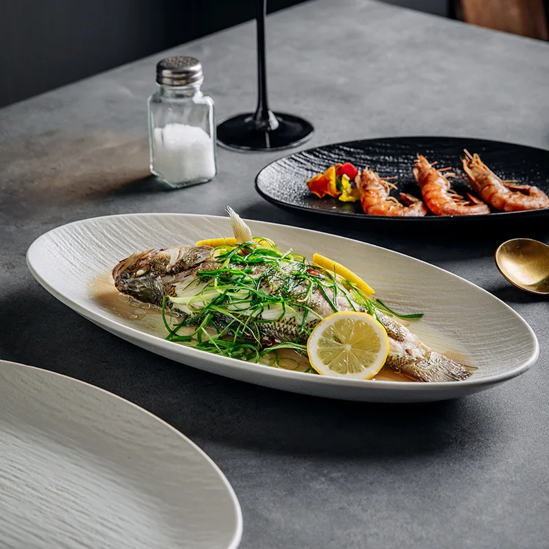 Big Capacity Ceramic Fish Plate Frosty Oval Pasta Sushi Sashimi