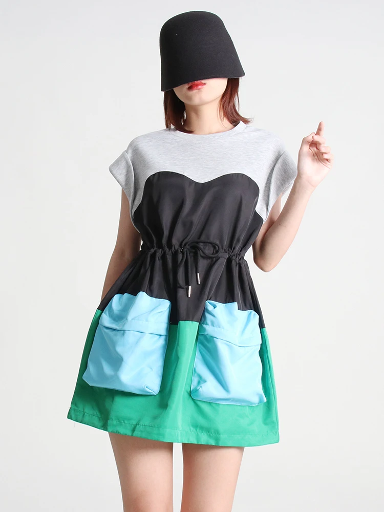 TWOTWINSTYLE Womens Dresses Hit Color Patchwork Drawstring Pleats Sleeveless Mini Dresses 2024