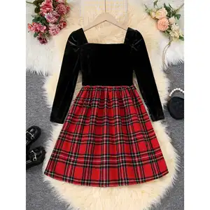 NEW Hot-Selling Autumn Spring Beach Girls Dress Lace Red Black Checkered Cotton Long Sleeves