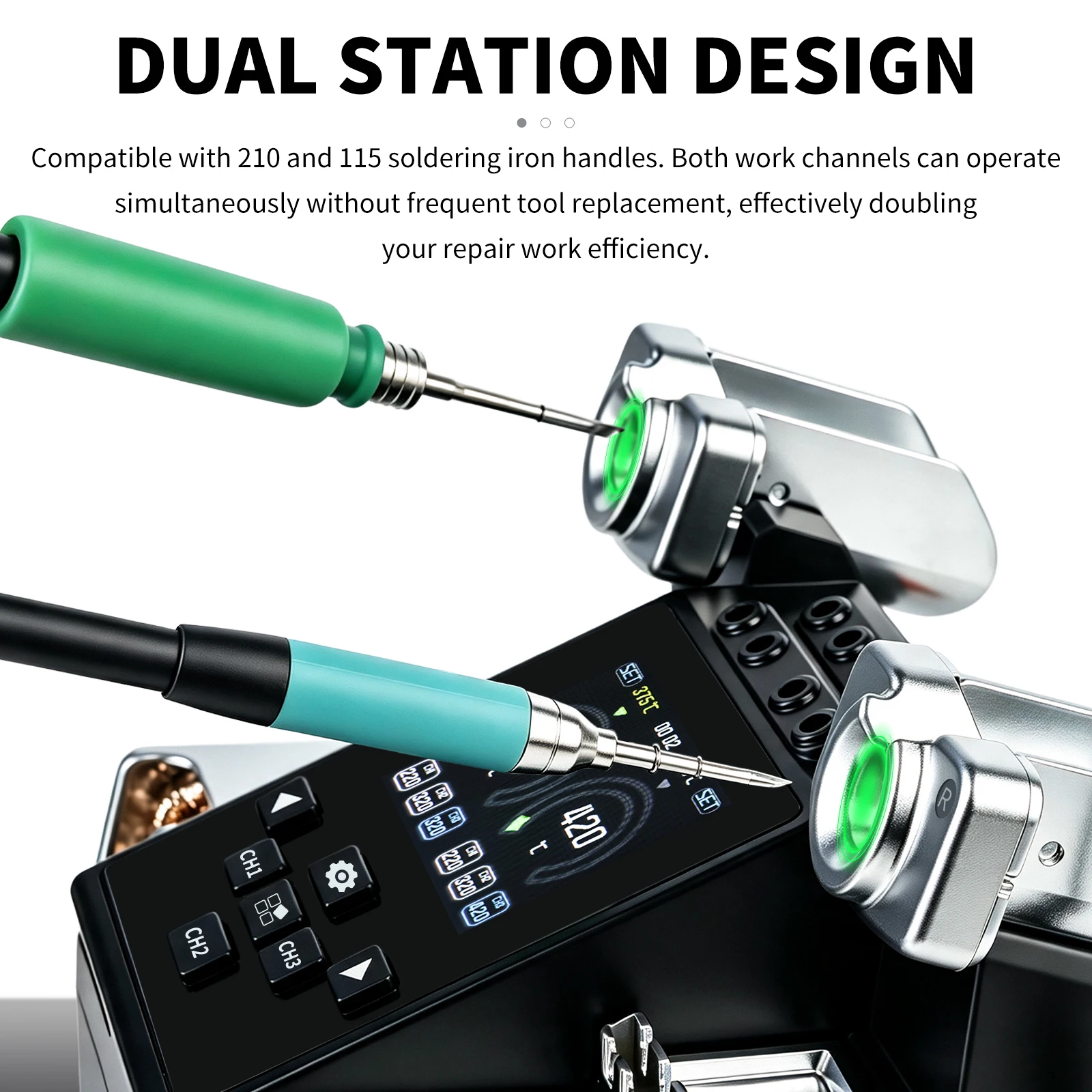HZY AZ-200 Dual Station Soldering Iron Station, Digital Display Welding Tool 3 Memory Presets for Phone PCB Chip Rework Repair