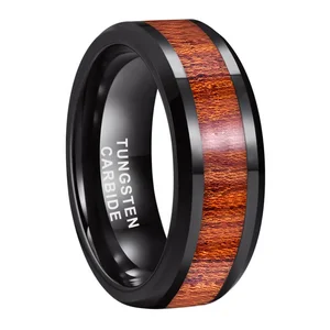 Coolstyle Jewelry 8mm Koa Wood Inlay Black Tungsten Ring for Men Women Trendy Engagement Wedding Band Beveled Comfort Fit