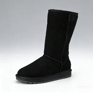 Women's Custom Classic Flat Knee Length Winter Double-sided Sheepskin Suede Casual Comfortable Breathable Fur Non Slip Sole OEM