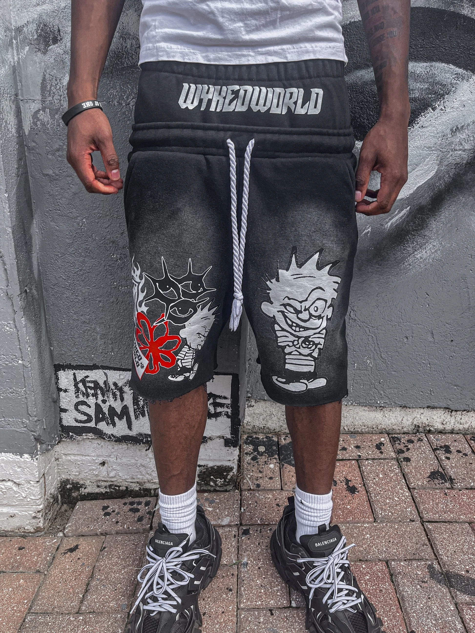 Custom Men Heavyweight Cotton Shorts Screen Print Sun Faded Double Waisted Baggy Distressed Acid Wash Track Jogger Sweat Shorts gallery 3