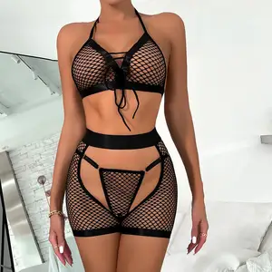 Women's Sexy Fishing Net Lace Decorated 3-Piece Set Bow Bra Panty and Transparent Black Lingerie ODM Supply