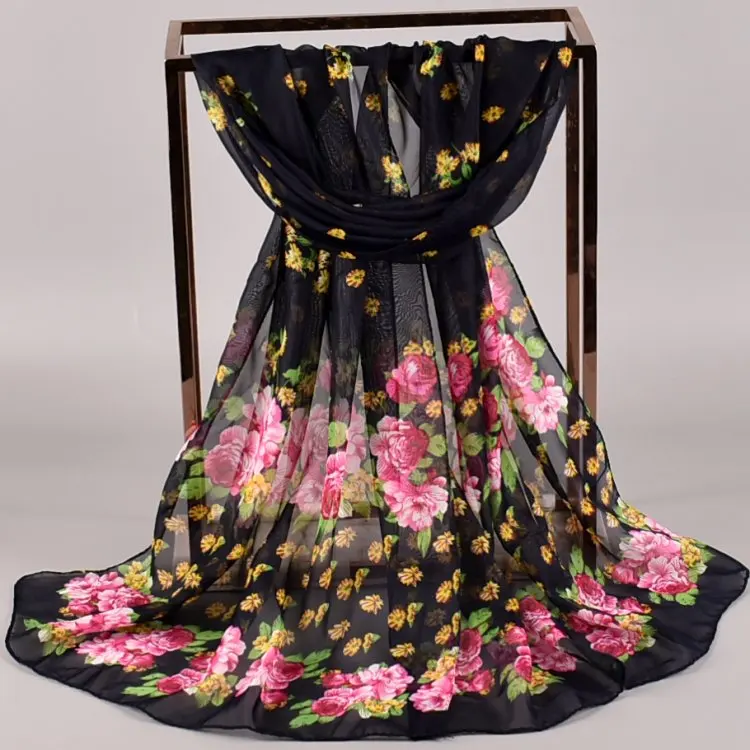 Новинка 2019, Женский Длинный Мягкий Шифоновый шарф с принтом, оптовая продажа, небольшой цветок пиона, дешевые женские шарфы с принтом, в наличии
