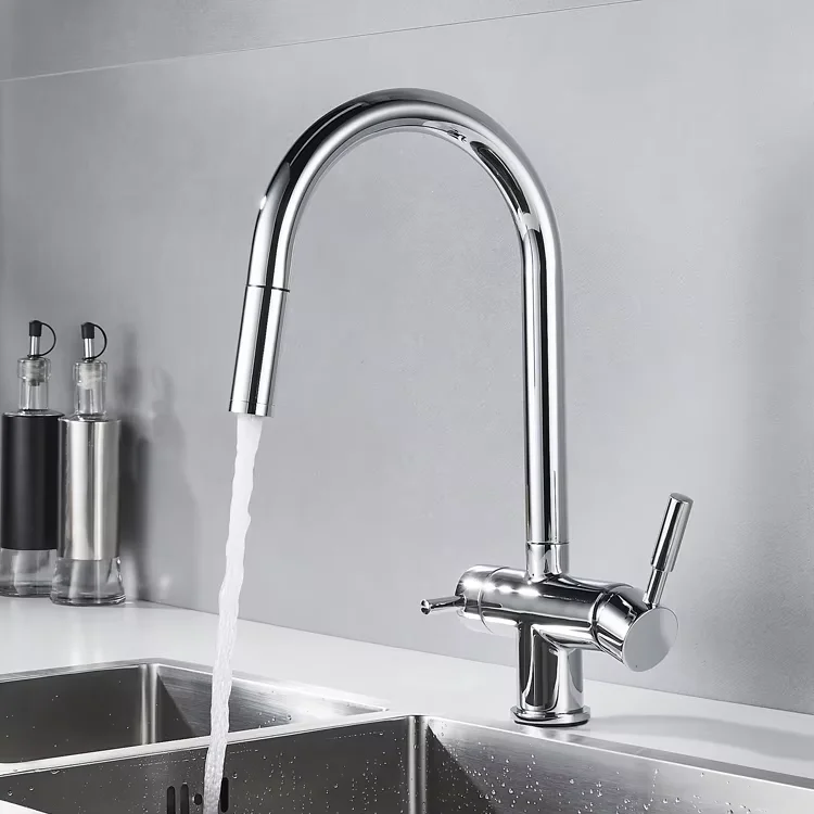 Premium Brass Three-Way Water Purifier Faucet Three way kitchen faucet with pull-out sprayer and brass finish