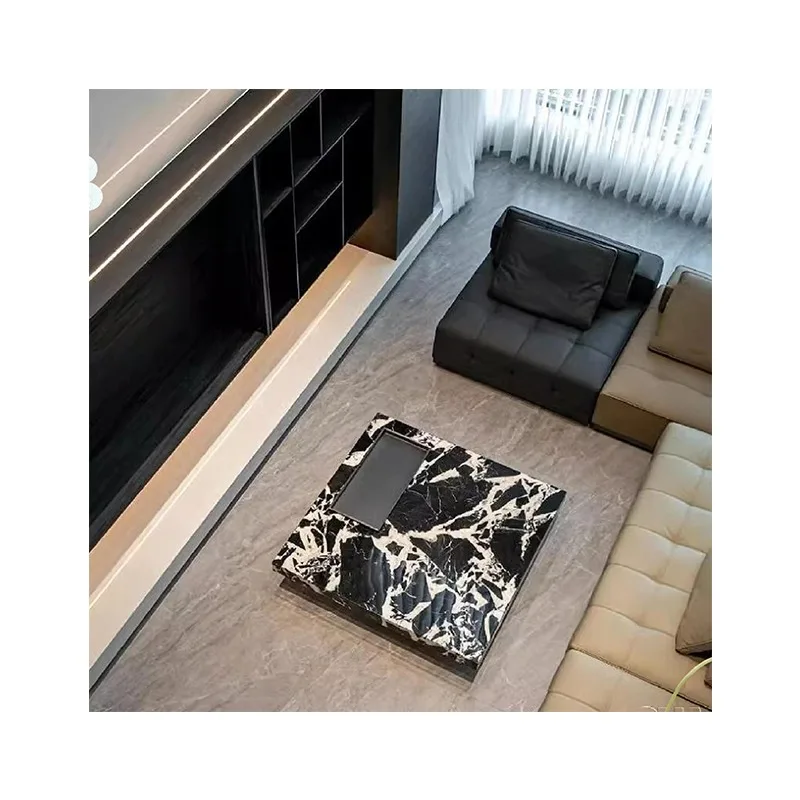 Modern Minimalist Black Marble Stone Coffee Table Luxury Countertop for Indoor Outdoor Polished Surface Living Room Furniture