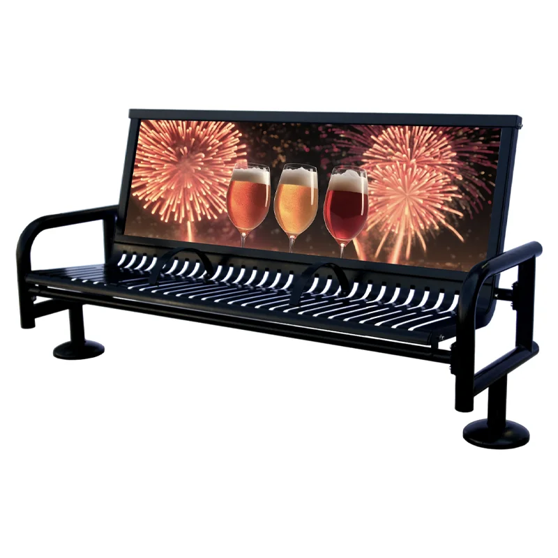 Outdoor Steel Advertising Bench with Armrest Urban Street Ad. Bench Outside Seats Metal 3 Seater Long Chair with Backrest