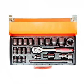 Car tools with combination wrench, socket, ratchet and plastic storage box for car repair and maintenance