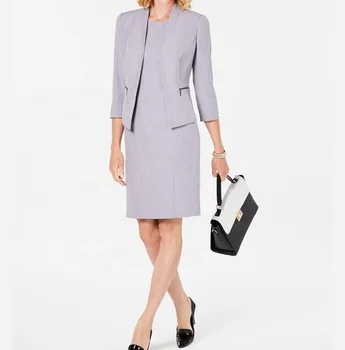 open front 3/4 sleeve skirt set clothes light purple zipper pocket dress suit woman
