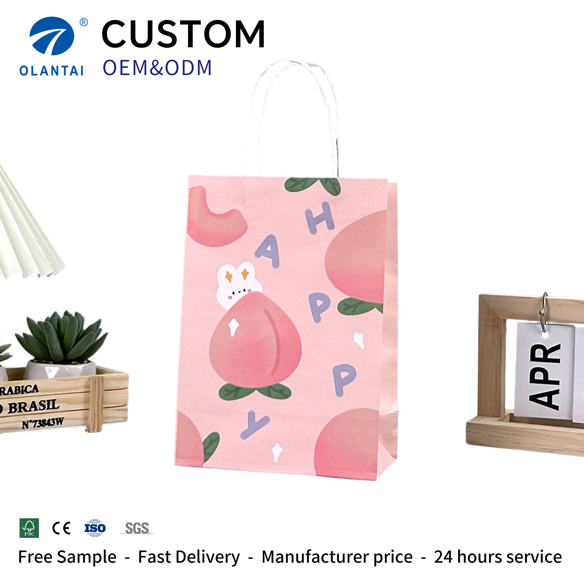 OLANTAI Custom Printed Logo Luxury Kraft Paper Bag Ribbon Handle Multi-Printing (Offset/Flexo/Embossing/Lamination) Classic
