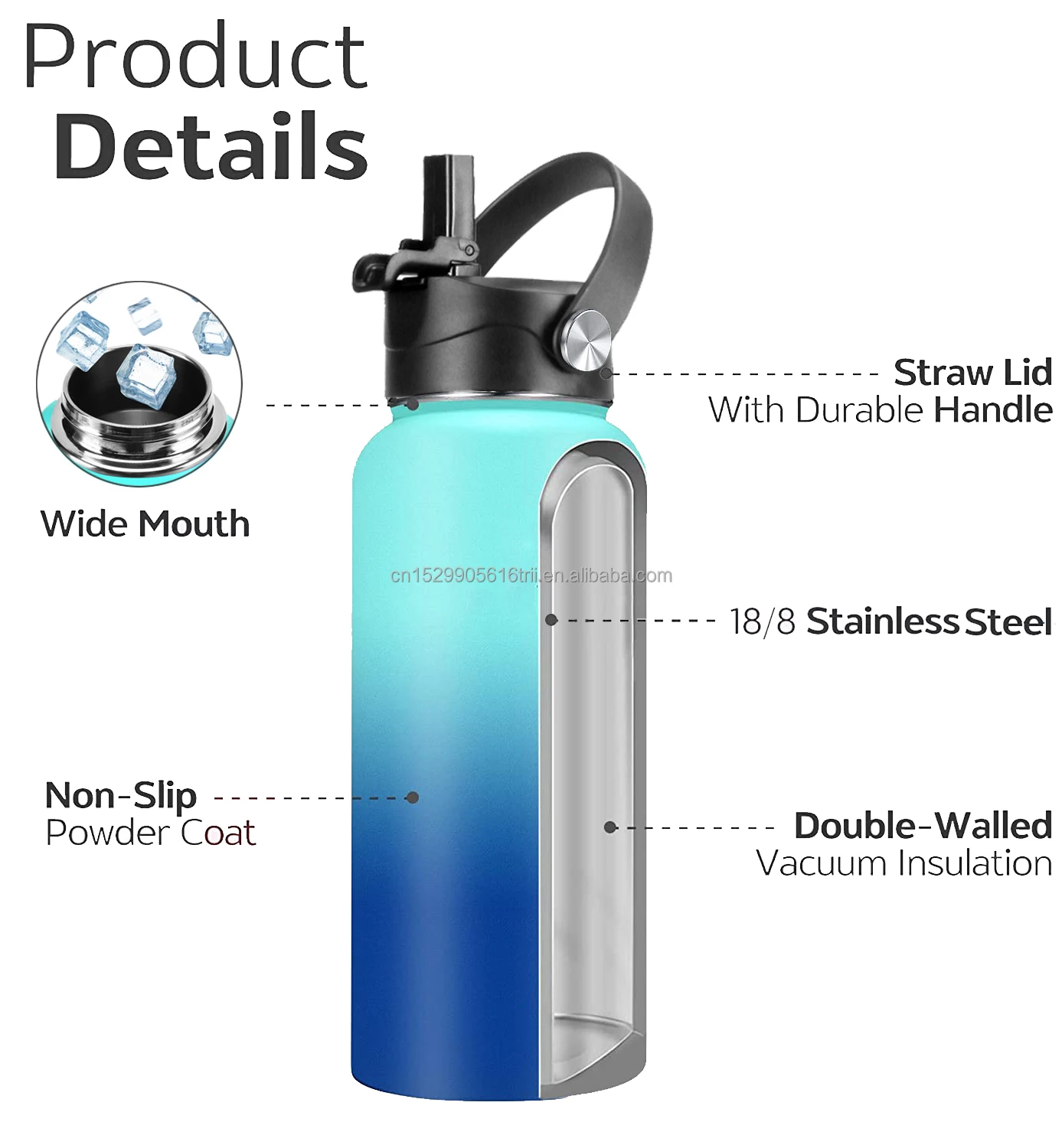 Outdoor Double Walled Water Bottle 32oz 40oz,3 Lids Vacuum Insulated ...