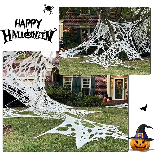 Halloween Giant Spider Web 1.6 X 2 M with web Creepy Stretchable cotton net Garden Wall Spider Web Decoration