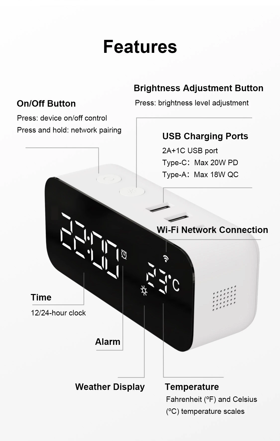 Wifi Smart Weather Station Desktop Led Digital Clock Alarm Usb Smart