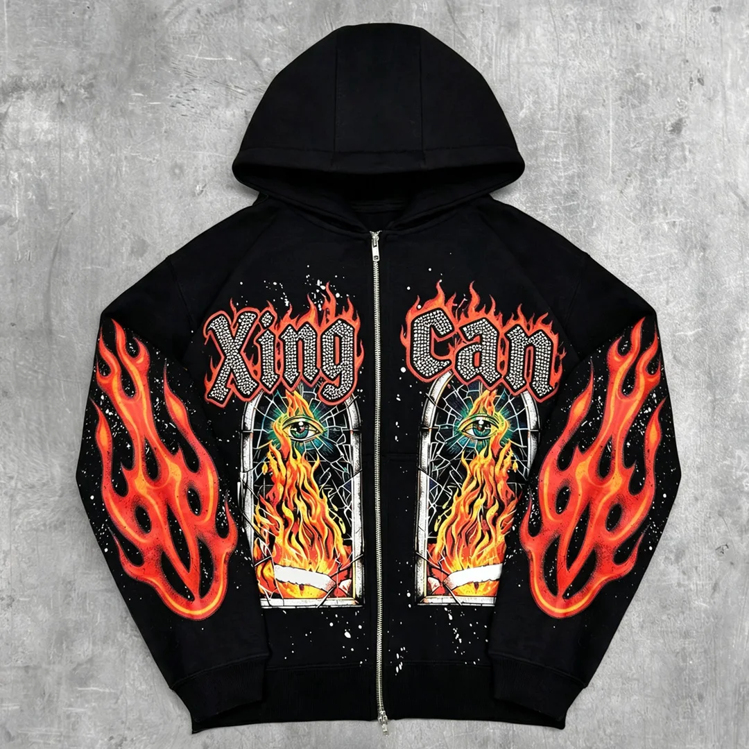 Na zakázku vyrobená těžká černá zipová mužská kapuciňovka, potisk / přilepené kovové kameny, streetwear, kapuciňový svetr z 100 % bavlny, OEM