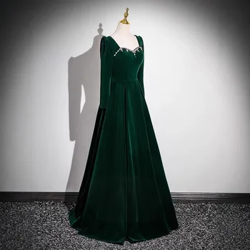 S0870L Green Velvet Long-Sleeved Dress for Evening Events