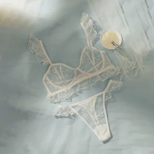 Wholesale Sexy Underwear with Heart Flocked Pattern Ruffled Frill Straps Women Lingerie for Lady Sexy Panties Sexy Underwear