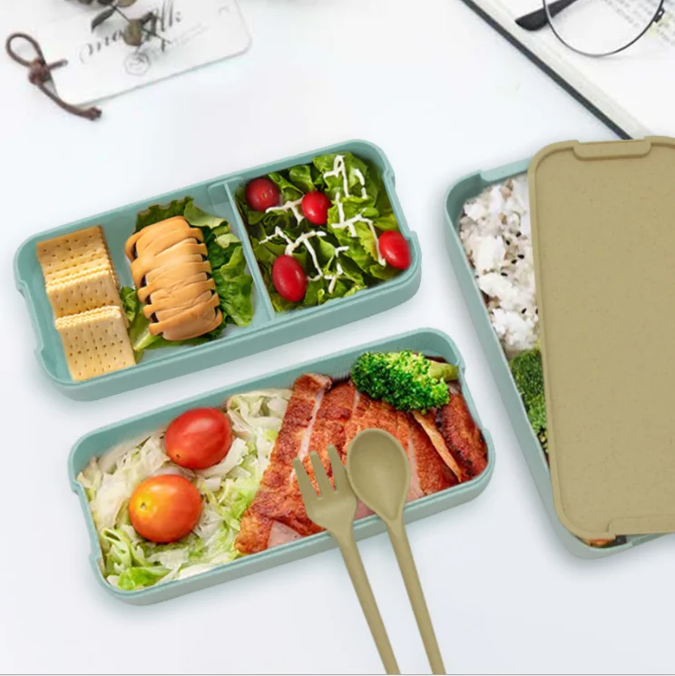 Wholesale Online Hot Sale Japanese Wheat Straw Lunch Box Kit 3-In-1  Compartment Leak-proof Bento Lunch Box Meal From m.