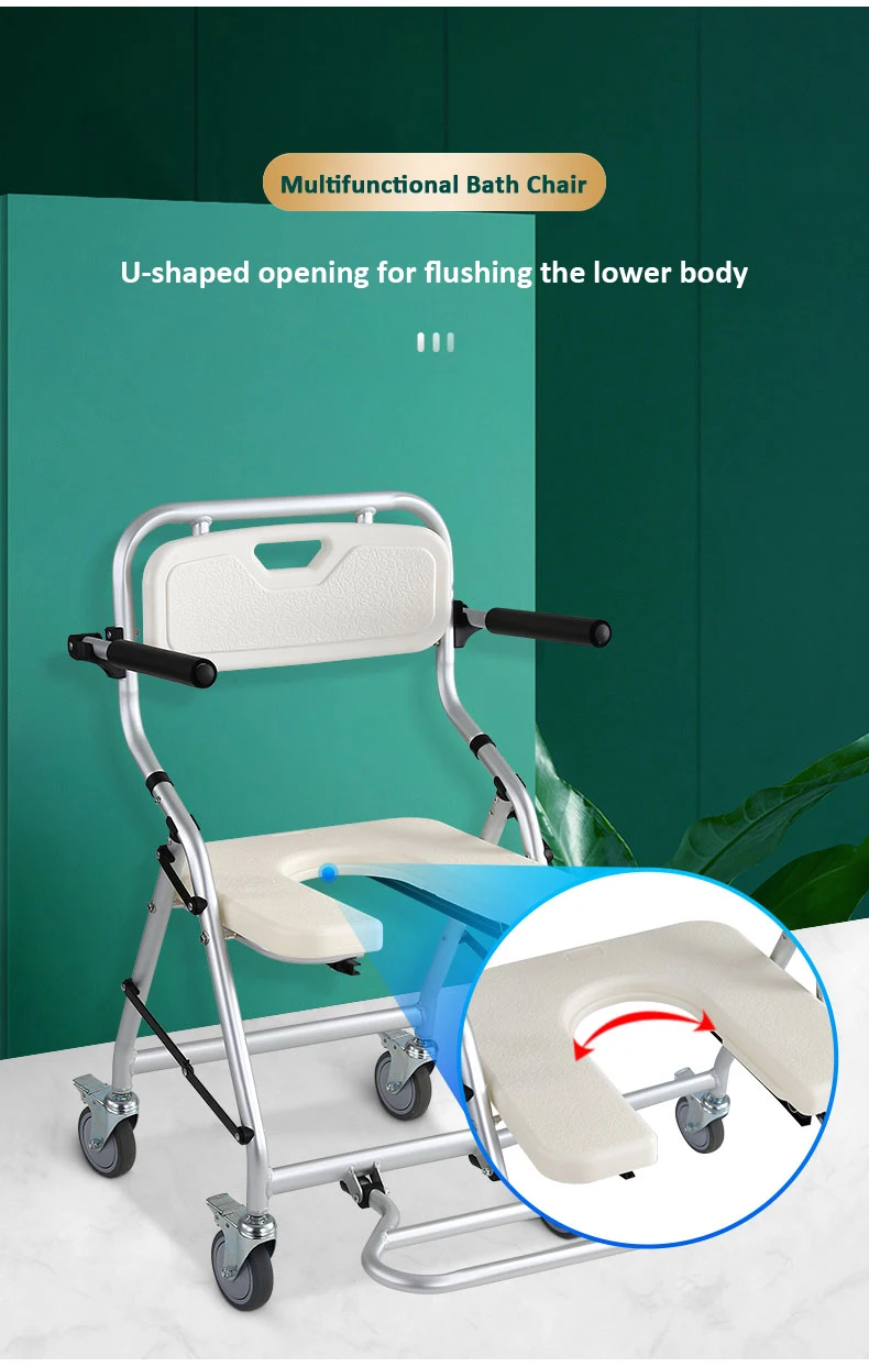 Wheelchair Toilet Shower Chair with EVA Upholstered Four Wheel Brakes details