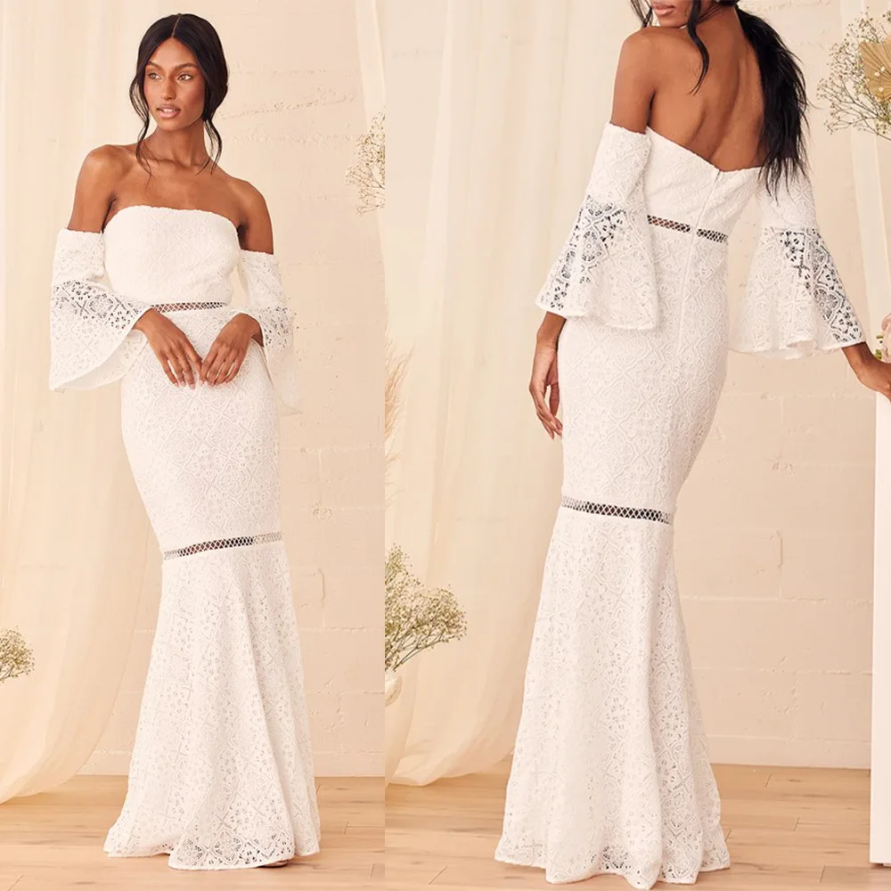 The New Fall 2021 White Long Slit Hollowed-Out Wedding Skirt Midwaist Lace Evening Dress