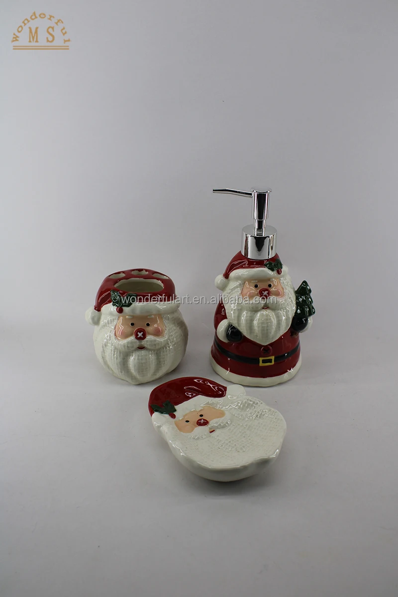 Factory Price 3 Pieces Christmas Bathroom Accessories Set Ceramic 3D Santa Claus Soap Dispenser Bathroom Sets Gift for Homeware