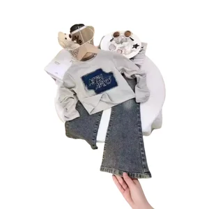 2026 Spring Autumn Kids Boutique Clothing Sets Long Sleeve Letter Embroidery Top Fare Denim Pants 2Pcs Girls Wholesale Clothes