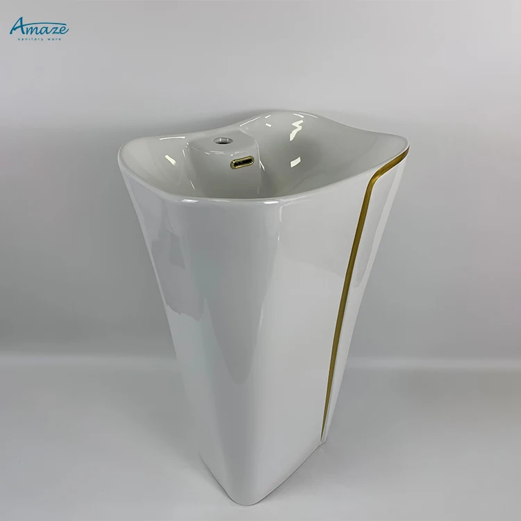 Modern lavatory square pillar gold line white one-piece ceramic bathroom sink wash hand pedestal basin factory