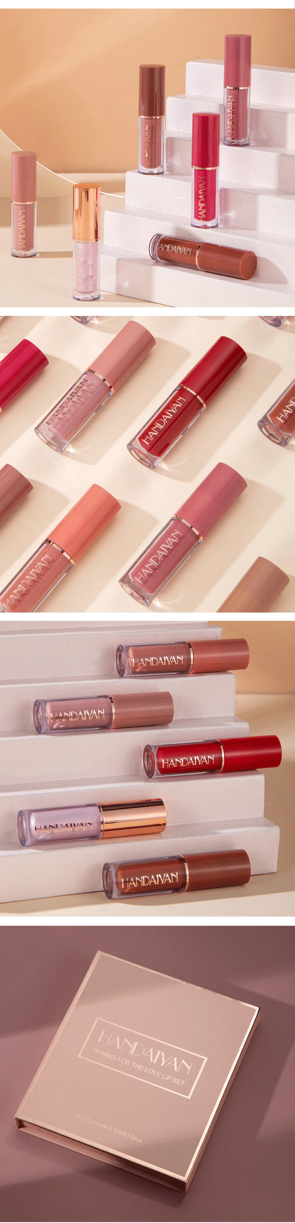 HANDAIYAN Lipstick Set 12 Pcs Small Liquid Lipstick Luxury Lipgloss Packaging Labiales Lipgloss Tubes Metallic Private Label