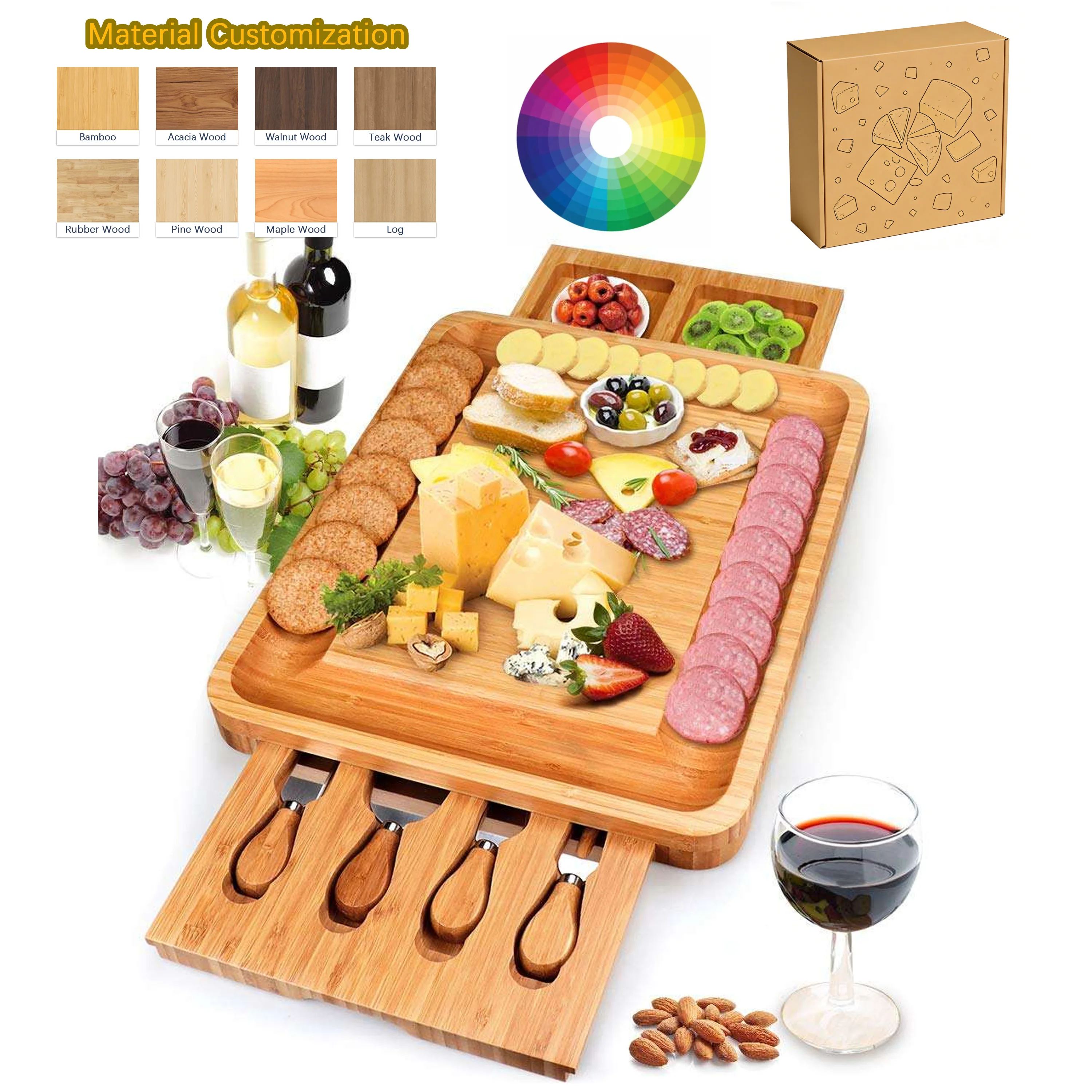 Kitchen Charcuterie Board Serving Tray Bamboo Cheese Boards and Knife Set With 2 Drawers