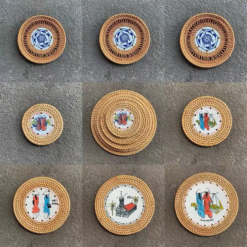 Custom Wholesale Round Dining Table Drink Placemats Mat Holder Rattan