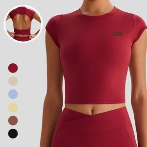 Custom logo Nude Feeling Solid Hollow Back Athletic Compression tank Top Short Sleeves Athletic Gym Yoga tank Top