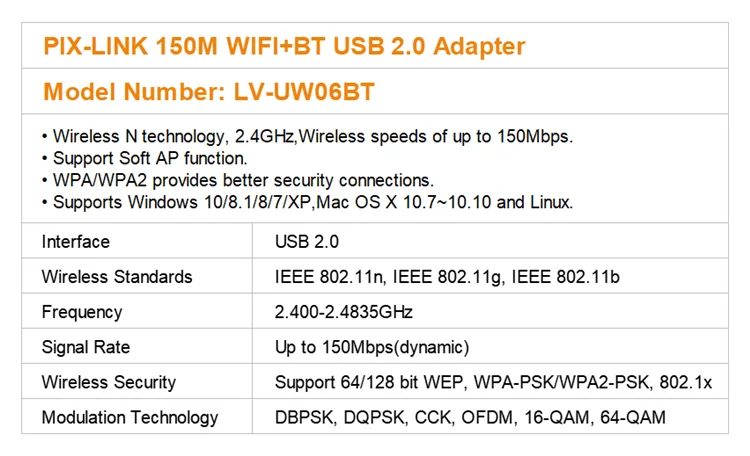 Беспроводной адаптер Wi-Fi и BT 4 2 адаптер USB 2 0 для ноутбука 150 Мбит/с Черный OEM Status Band Тип функция передачи цвета